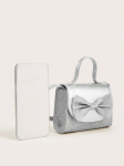 sac à main fillette, sac argenté enfant, sac avec nœud, sac fillette élégant, sac pour occasions spéciales, sac bandoulière enfant, accessoire mode fillette