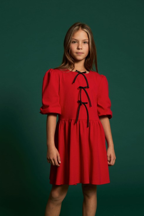 Robe cérémonie fille rouge vif coupe évasée avec manches bouffantes Anabel