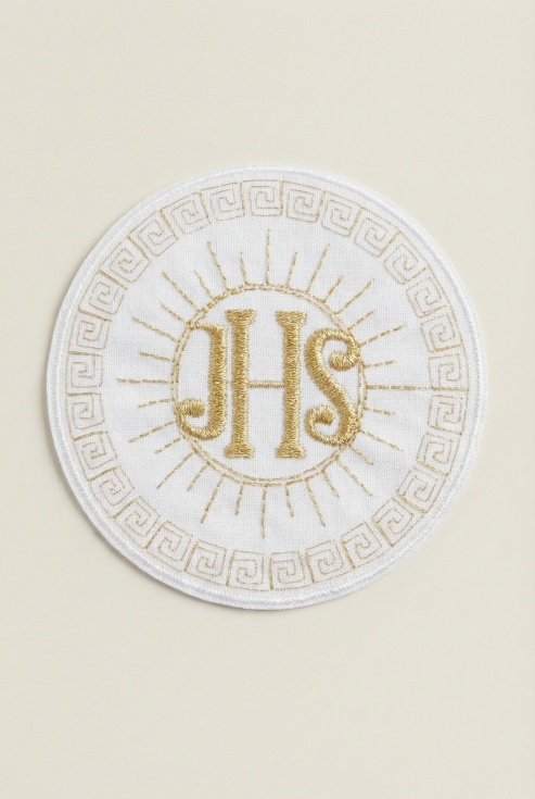 écusson communion, applique ihs, broderie hostie dorée, décoration aube communion, accessoire première communion, patch brodé religieux, ornement liturgique