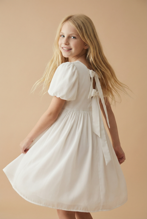 robe cérémonie fille, robe fille mariage, robe communion fille, robe demoiselle d'honneur enfant, robe blanche fille, robe manches bouffantes, zoya fashion