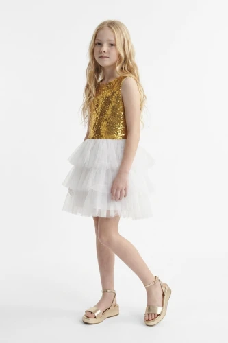 Robe de cérémonie Riva blanc et or en tulle et sequins pour fillette – mariage et fêtes de fin d'année