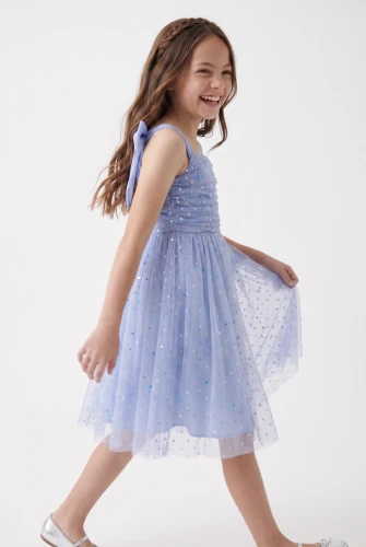 Robe de cérémonie Rina bleu pervenche en tulle à pois multicolores pour fille – mariage et anniversaire