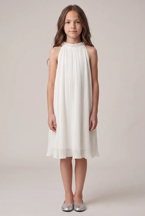 Robe de communion Rozalia blanche plissée à encolure américaine et perles – vue de face, silhouette entière