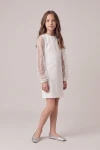Robe Vivienne blanche à manches longues en tulle – silhouette entière de trois quarts