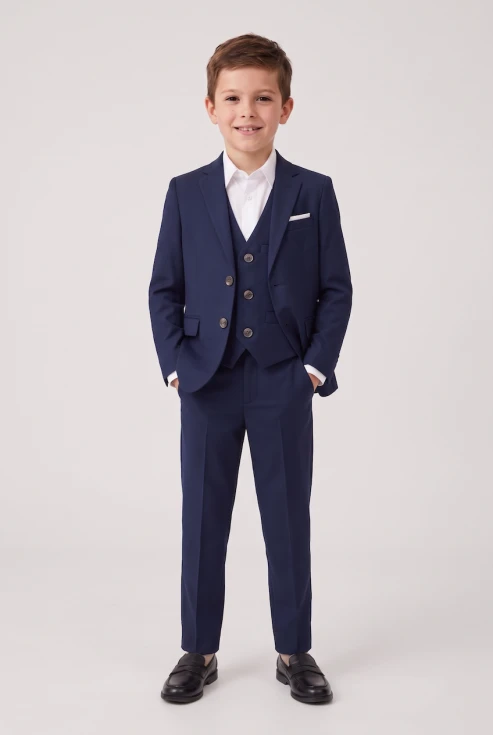 Costume de cérémonie Liam bleu marine pour garçon – veste, gilet et pantalon portés, silhouette entière de face
