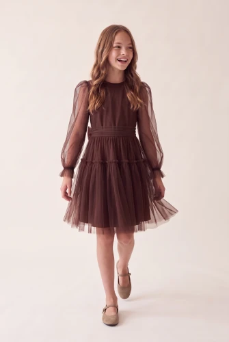 Robe de cérémonie Holly marron chocolat à manches longues pour fille – Noël et fêtes de famille