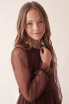 Robe Holly marron chocolat – manche en tulle à petit volant au poignet et encolure ronde, gros plan du haut