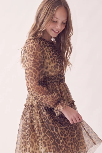 Robe de cérémonie Holly à imprimé léopard et manches longues pour fille – fêtes de fin d'année et anniversaire