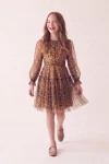 Robe Holly léopard – longues manches en tulle et ceinture froncée, silhouette de face