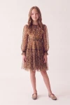 Robe Holly léopard au-dessus du genou à manches longues en tulle – silhouette de face