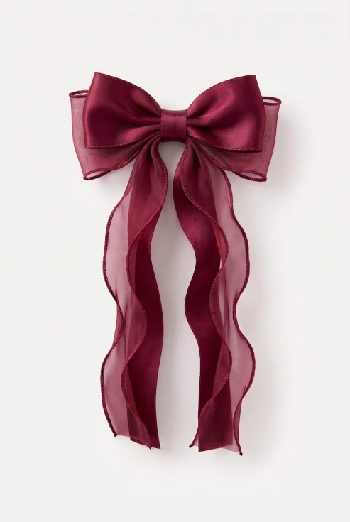 Barrette à grand nœud bordeaux en satin et organza pour fille – vue de face sur fond blanc